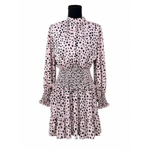 Pink Black Spotted Smocked Waist Ruffle Mini Dress Large Boho